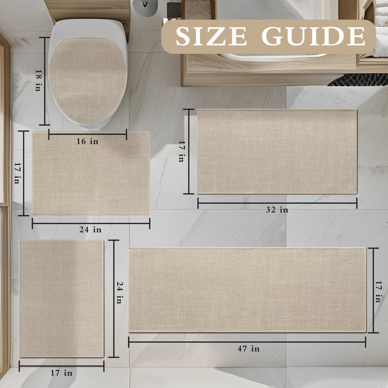 5-Piece Linen-Look Bath Rug Set - Non-Slip Spa Bathroom Decor
