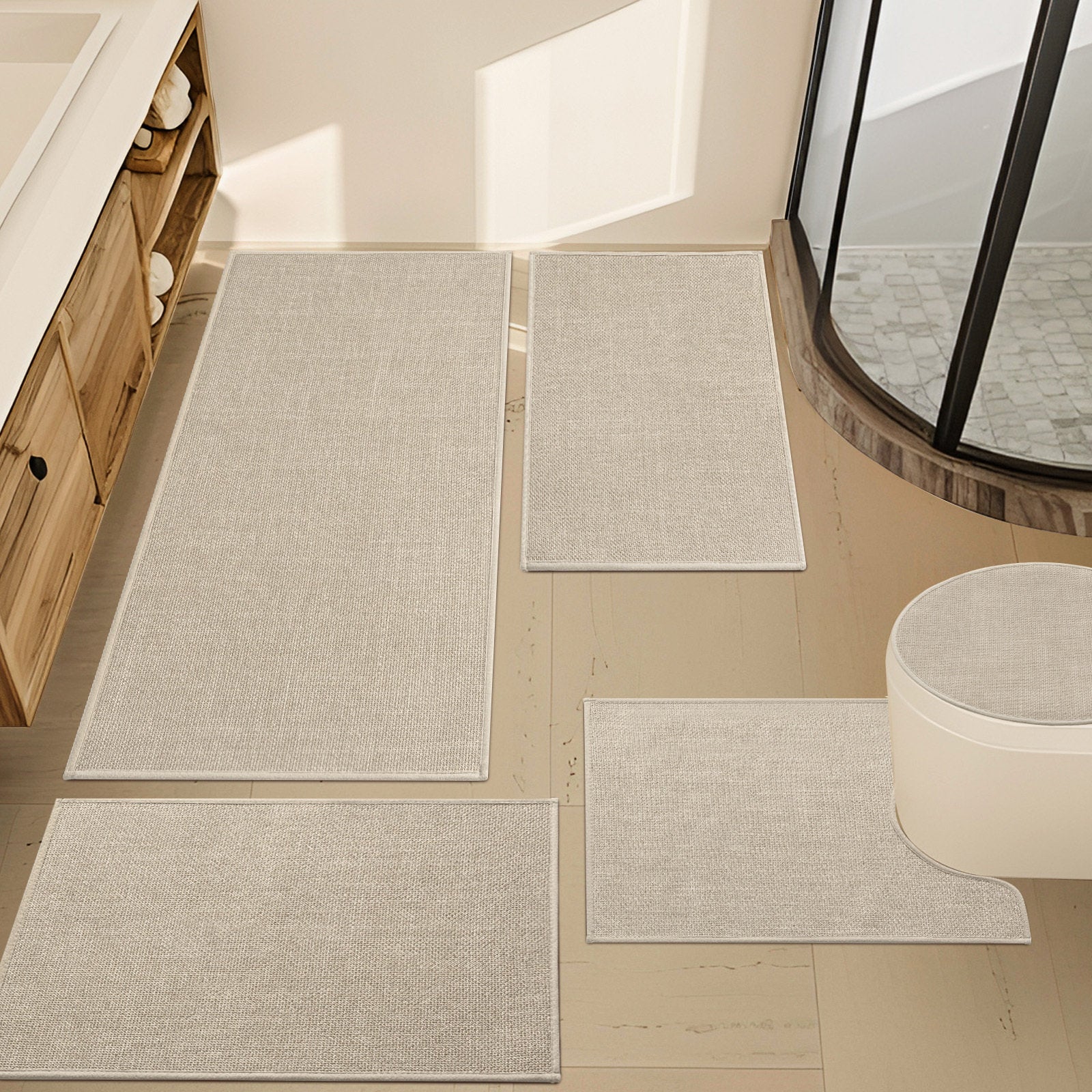 5-Piece Linen-Look Bath Rug Set - Non-Slip Spa Bathroom Decor