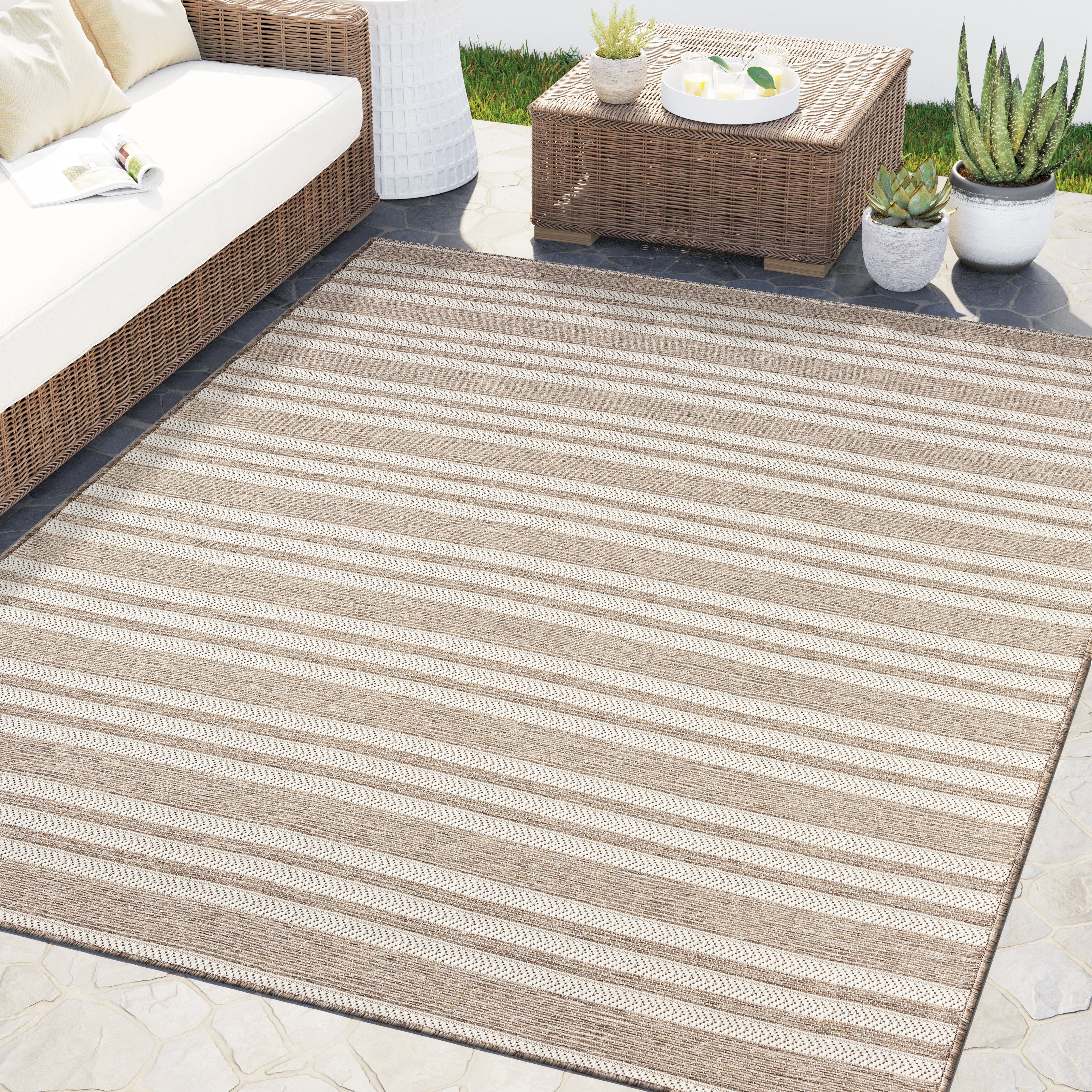 Beige Striped Indoor/Outdoor Area Rug - Abani OCE120A Polypropylene