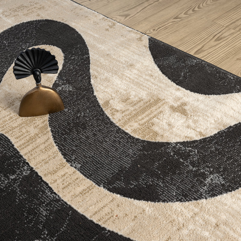 Abani TER200A - Modern Beige Black Swirl Area Rug for Living Rooms