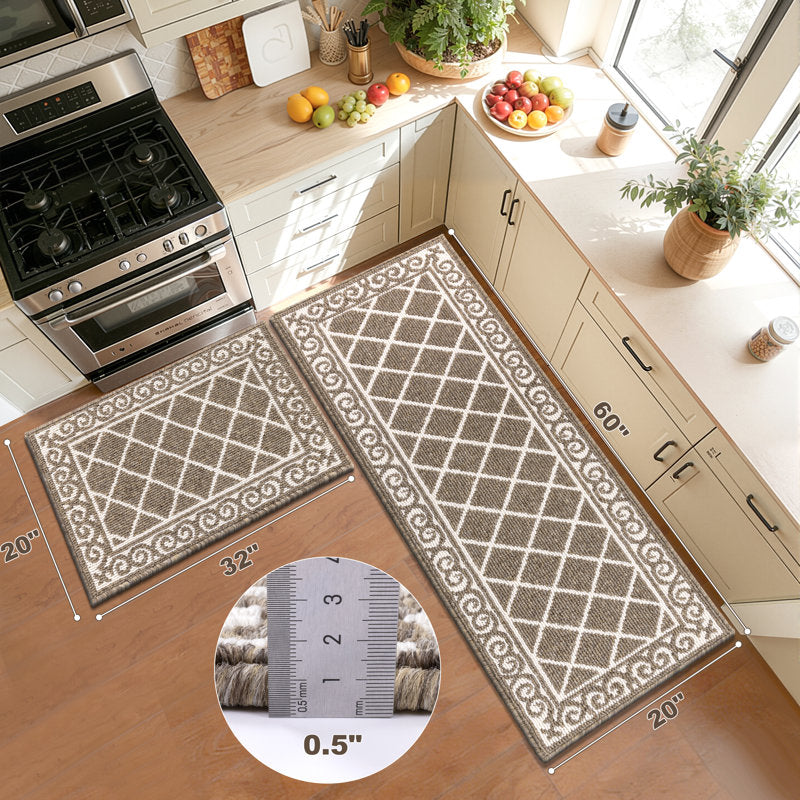 Non-Skid Washable Kitchen Mat Set - 2 Piece Geometric Runner Rugs