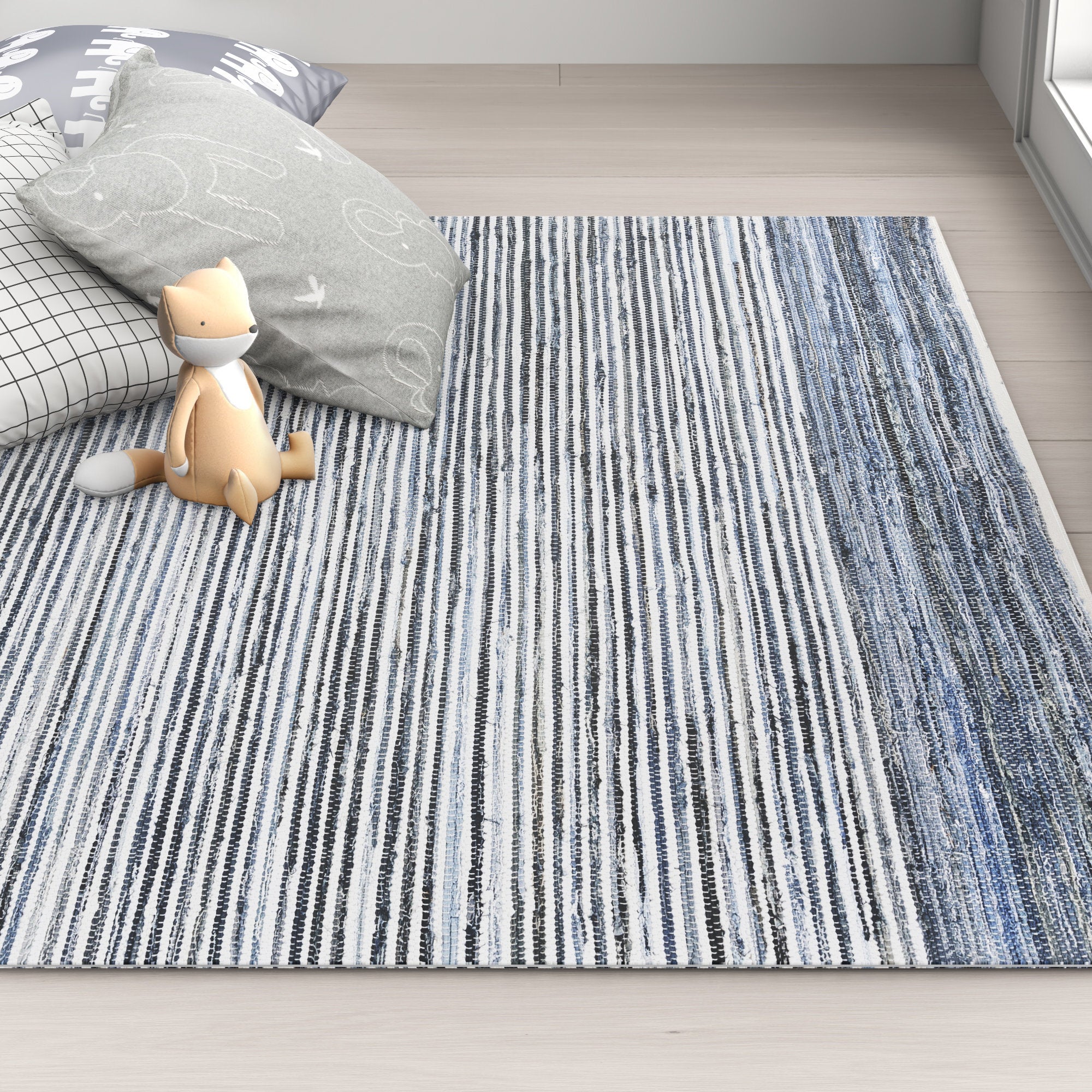 Braided Cotton Area Rug - Handmade Blue/Navy Striped Nursery Rug