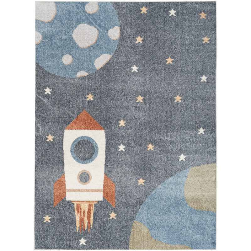 Rocket Ship Machine Washable Kids Rug - Blue Space Nursery Area Rug