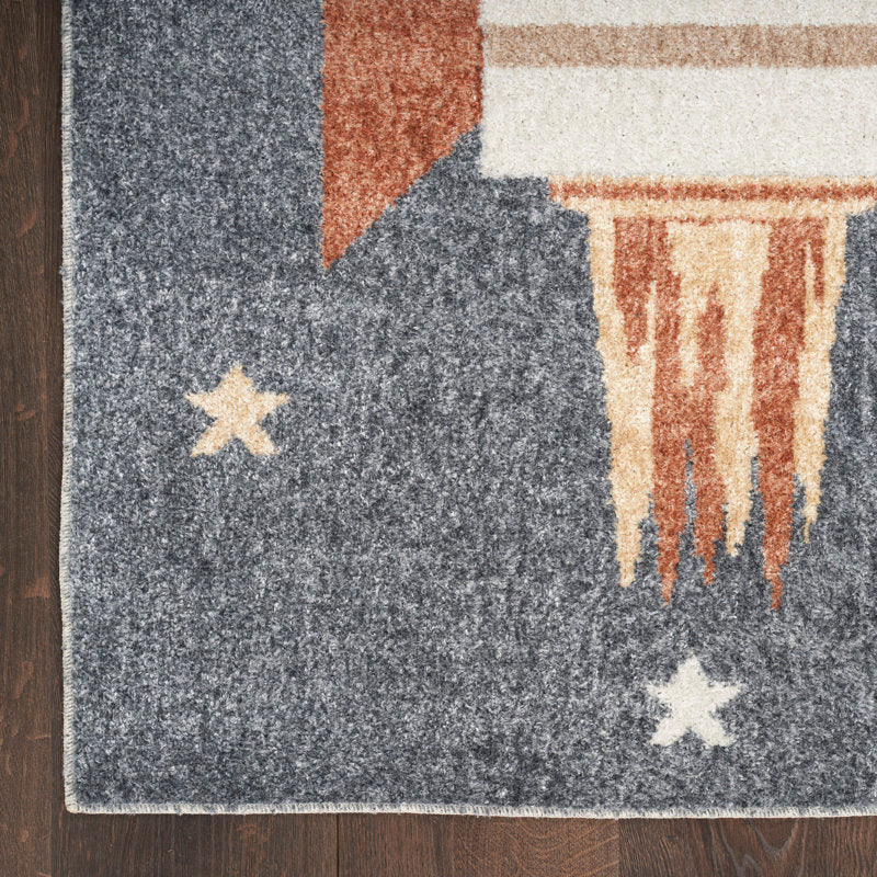Rocket Ship Machine Washable Kids Rug - Blue Space Nursery Area Rug