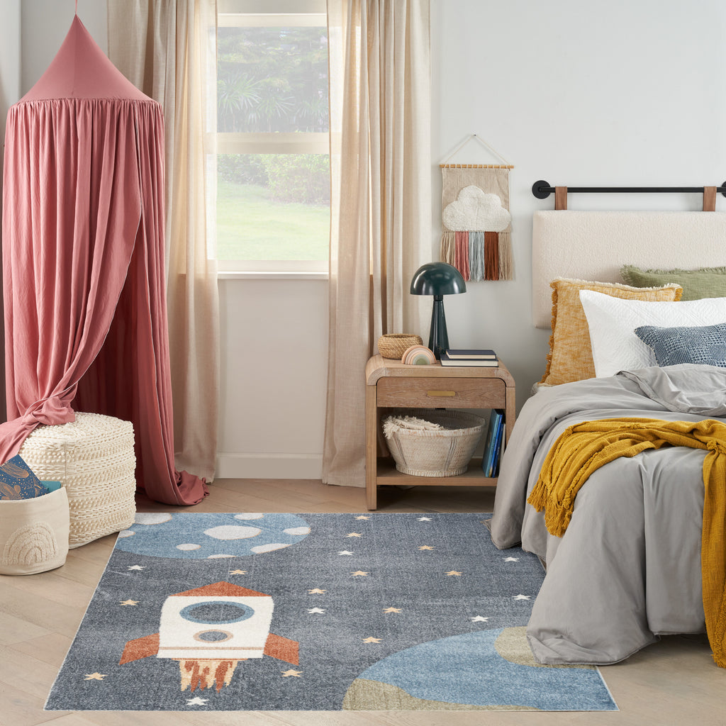 Rocket Ship Machine Washable Kids Rug - Blue Space Nursery Area Rug