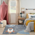Rocket Ship Machine Washable Kids Rug - Blue Space Nursery Area Rug