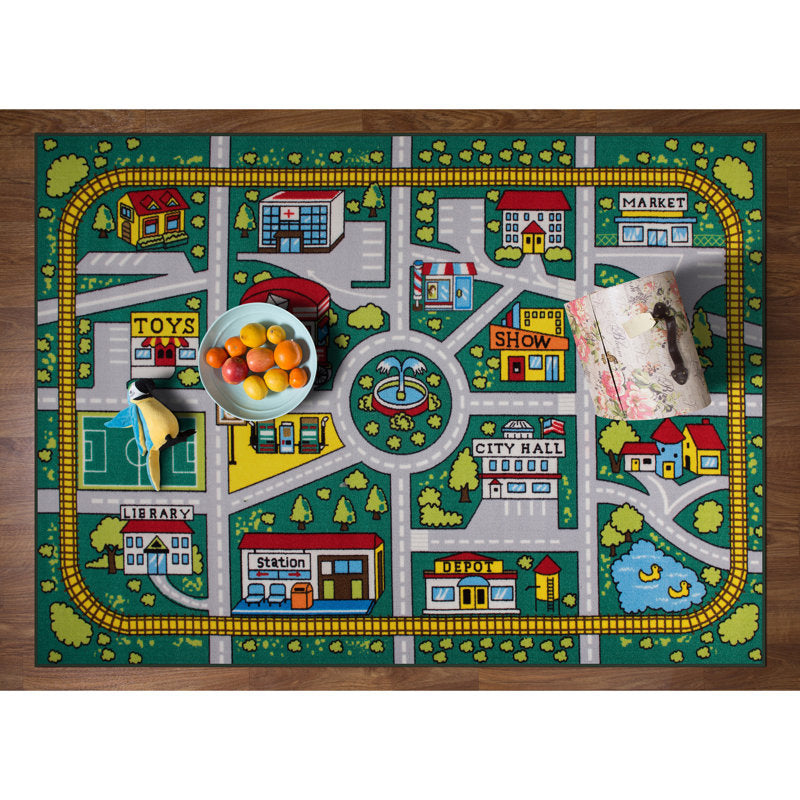 Kids City Map Play Rug - Tufted Non-Slip Green Educational Area Rug