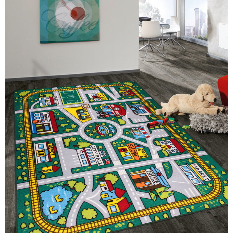 Kids City Map Play Rug - Tufted Non-Slip Green Educational Area Rug