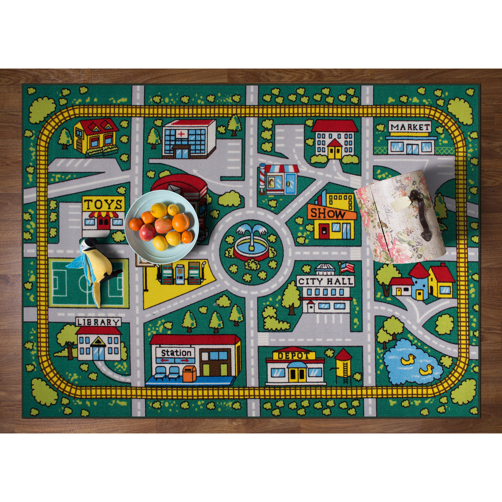 Kids City Map Play Rug - Tufted Non-Slip Green Educational Area Rug
