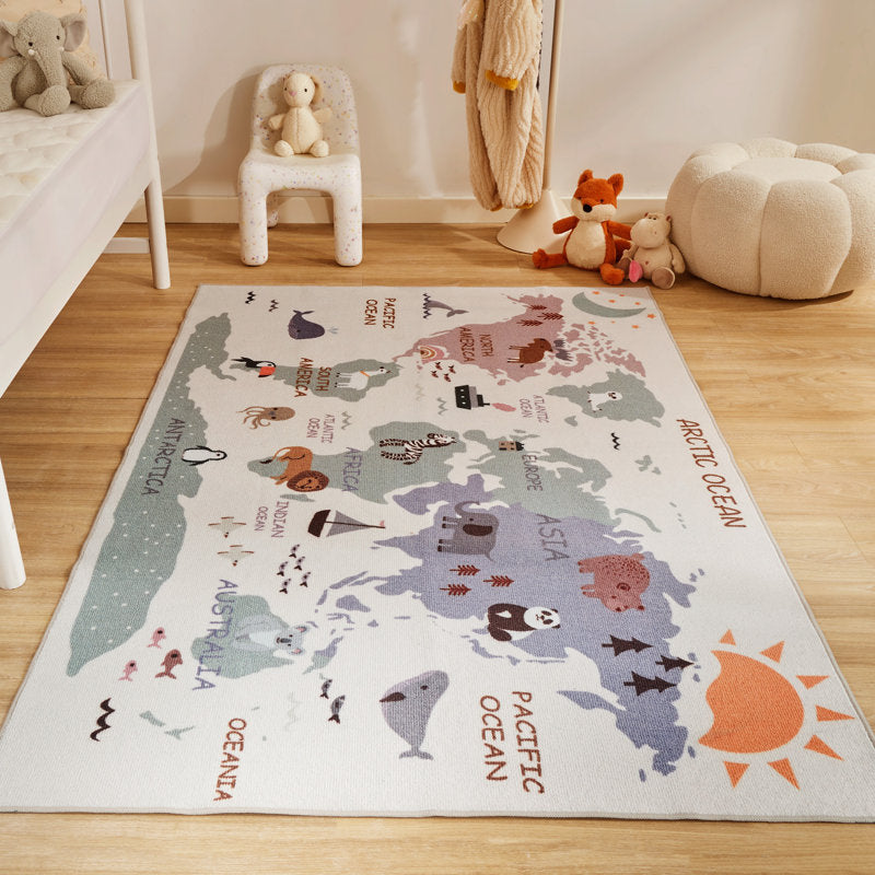 Kids Animal World Map Play Rug - Soft Polyester Educational Nursery Decor