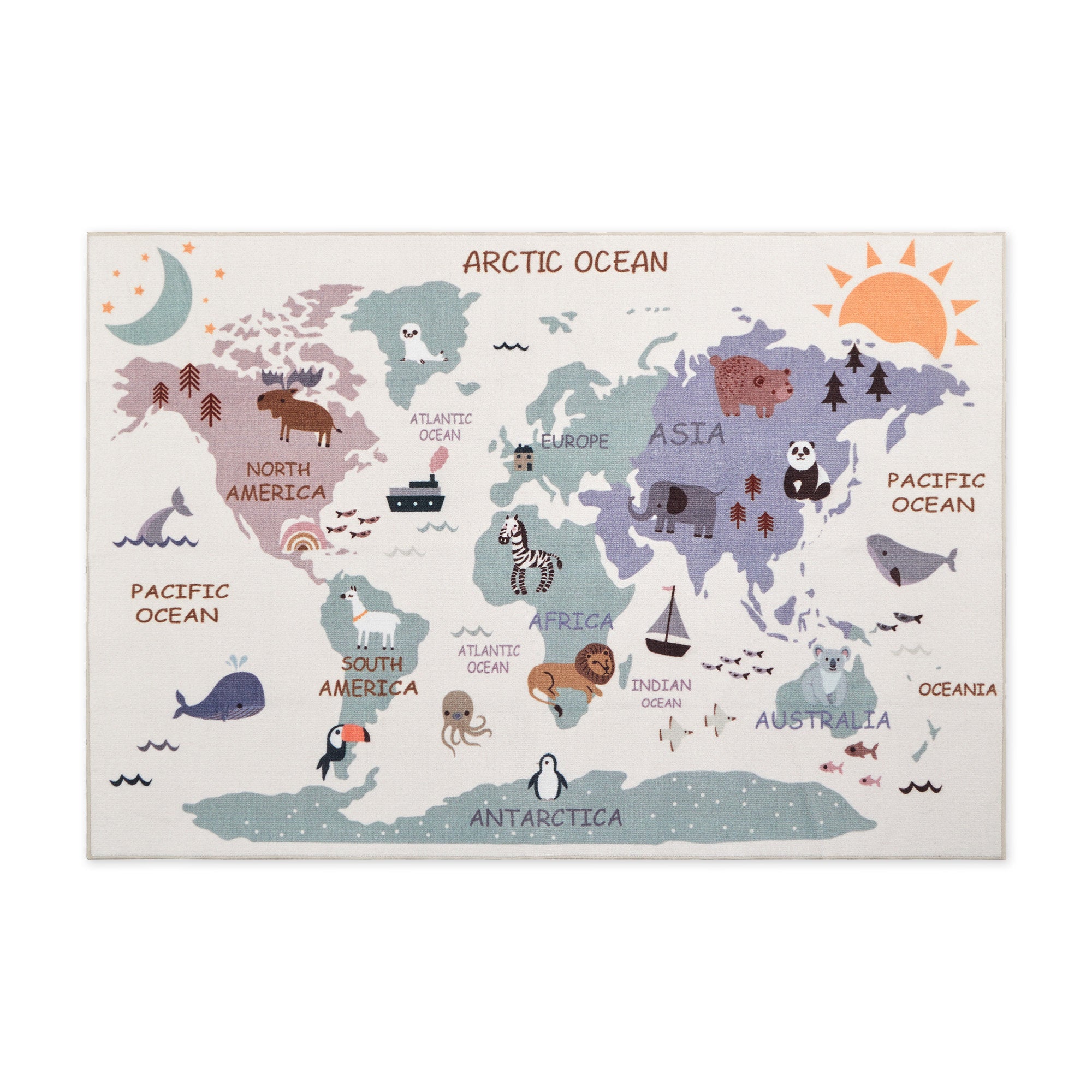 Kids Animal World Map Play Rug - Soft Polyester Educational Nursery Decor