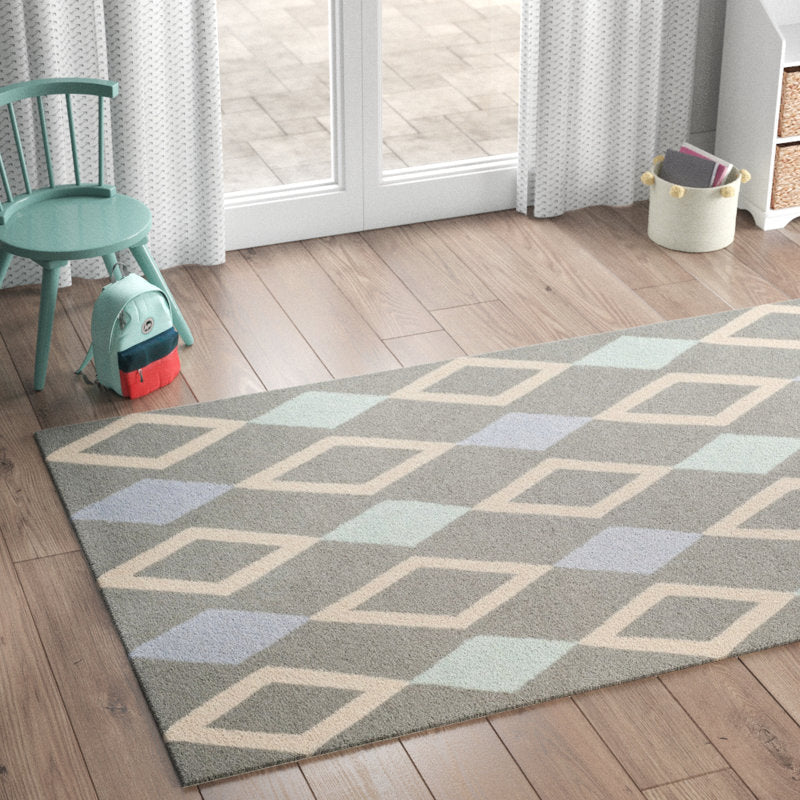 Hand Tufted Wool Rug - Gray Diamond Pattern - Nursery & Kids Room