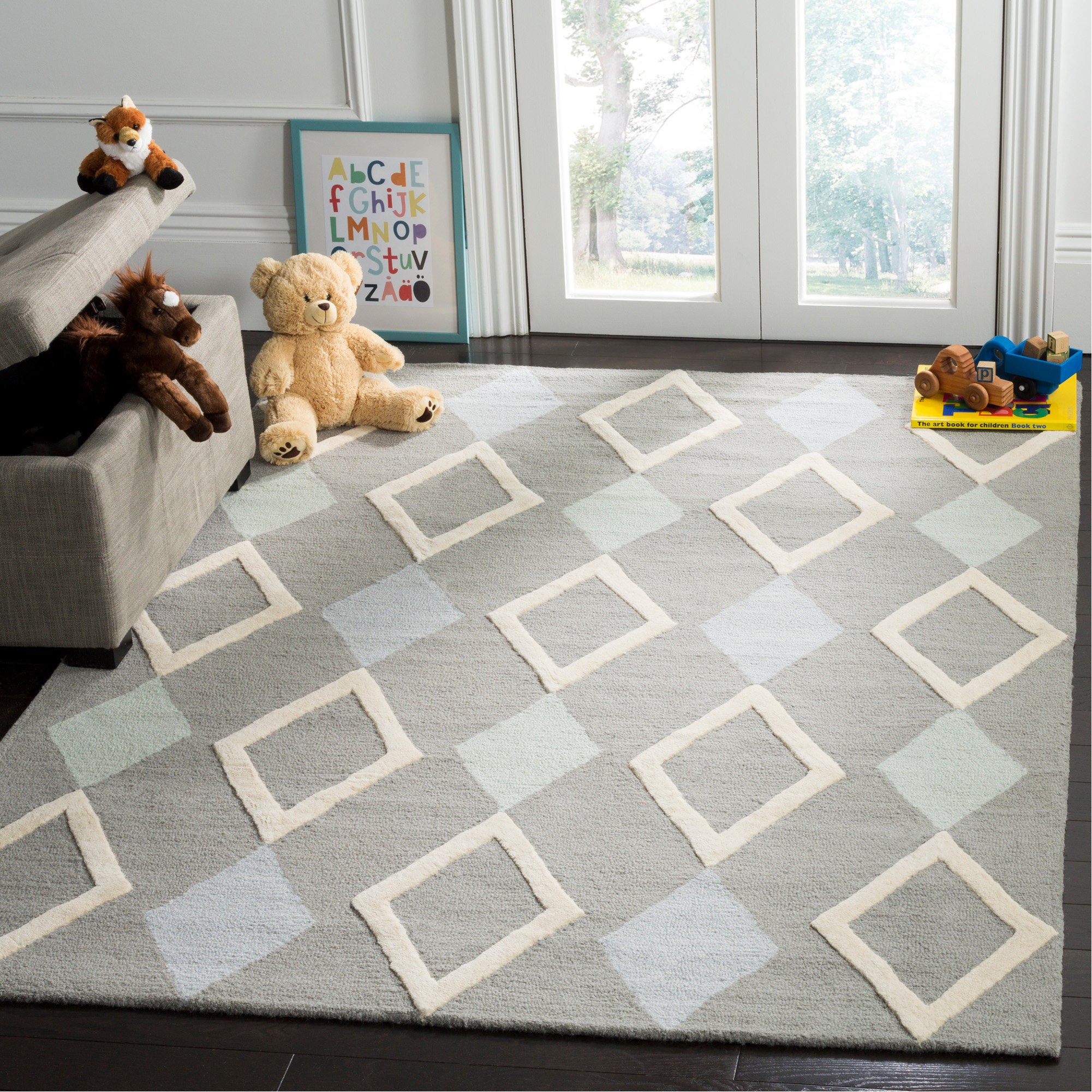Hand Tufted Wool Rug - Gray Diamond Pattern - Nursery & Kids Room