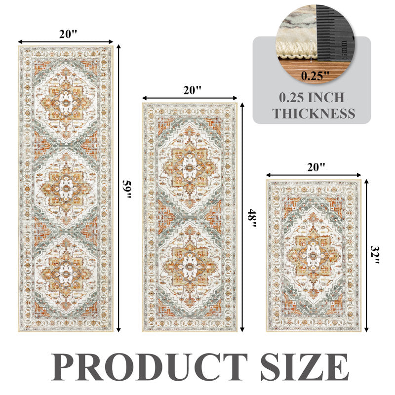 3-Piece Kitchen Rug Set - Vintage Floral Polyester - Non-Slip Mats