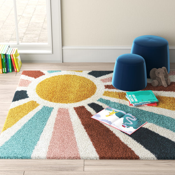 Rainbow Shag Area Rug - Plush Polypropylene Kids Playroom Carpet