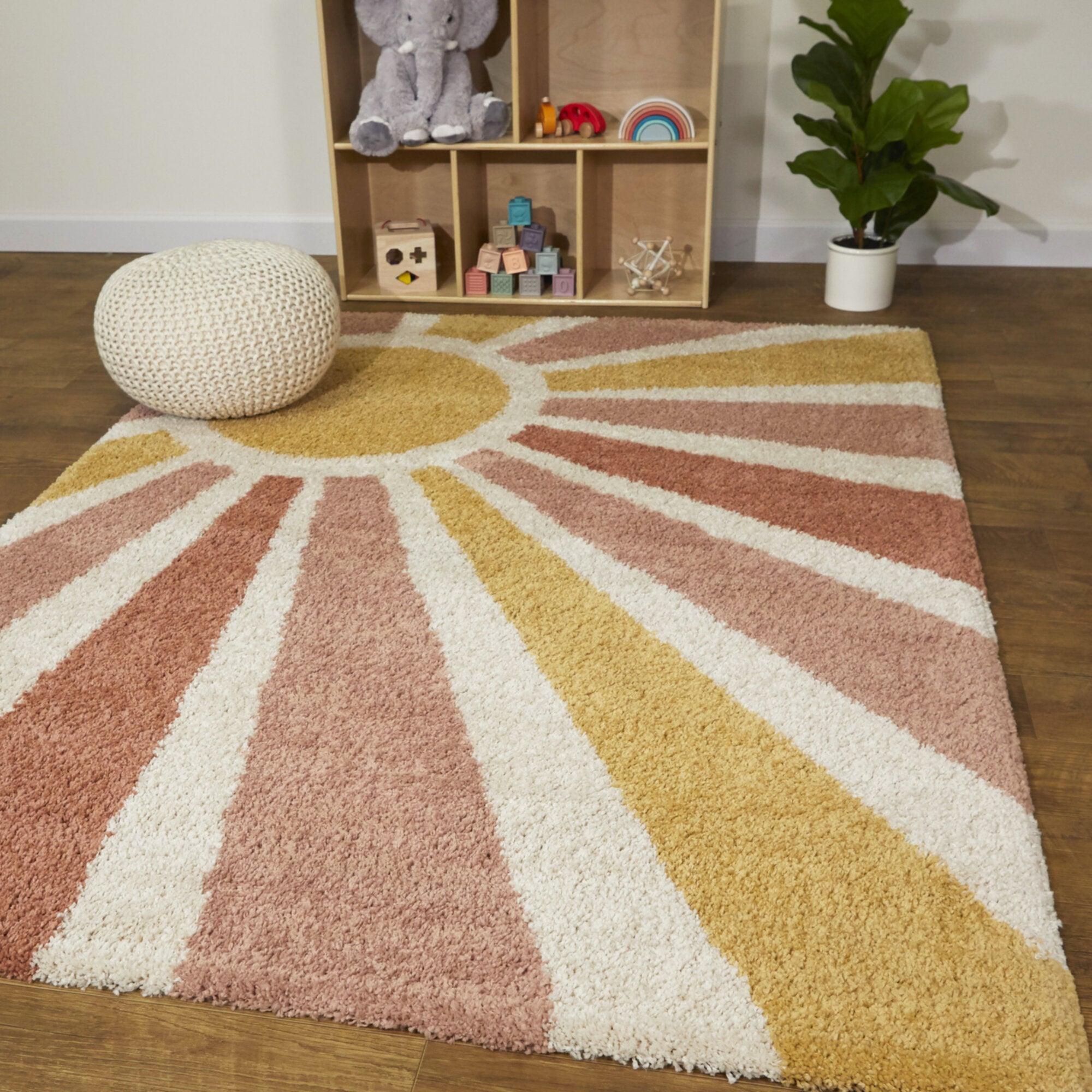Rainbow Shag Area Rug - Modern Polypropylene Sun Design for Kids Room
