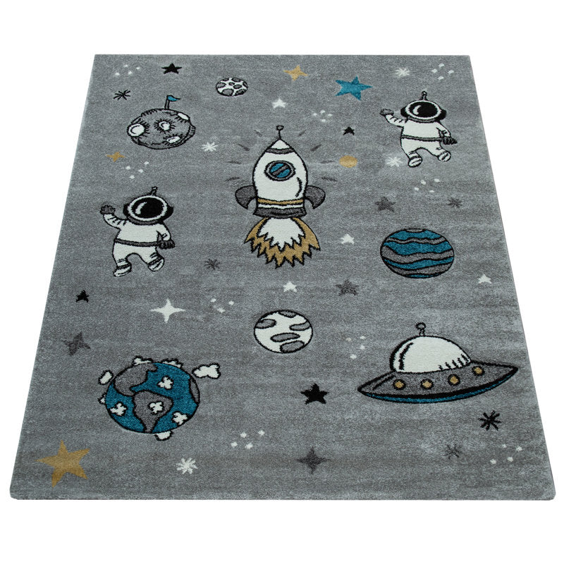Kids Rocket Ship Area Rug - Polypropylene Space Theme Nursery Decor