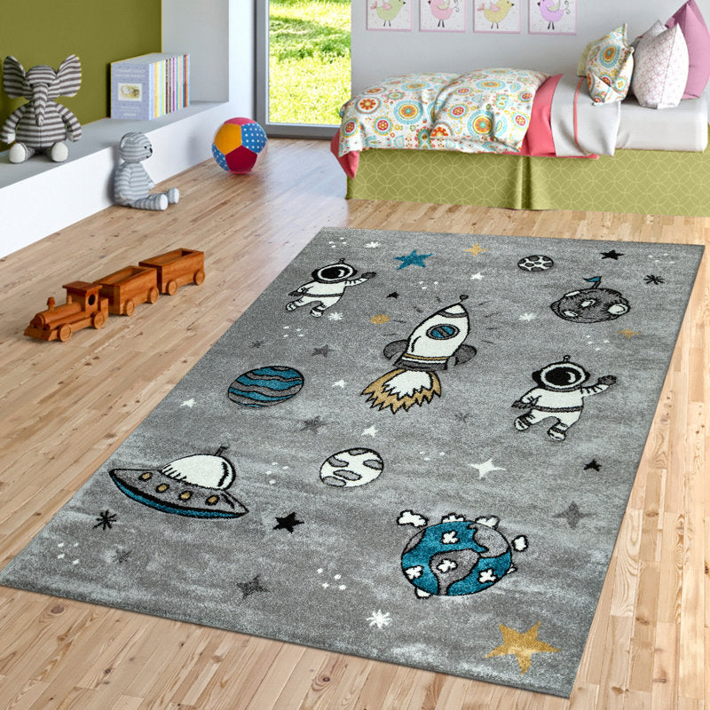 Kids Rocket Ship Area Rug - Polypropylene Space Theme Nursery Decor