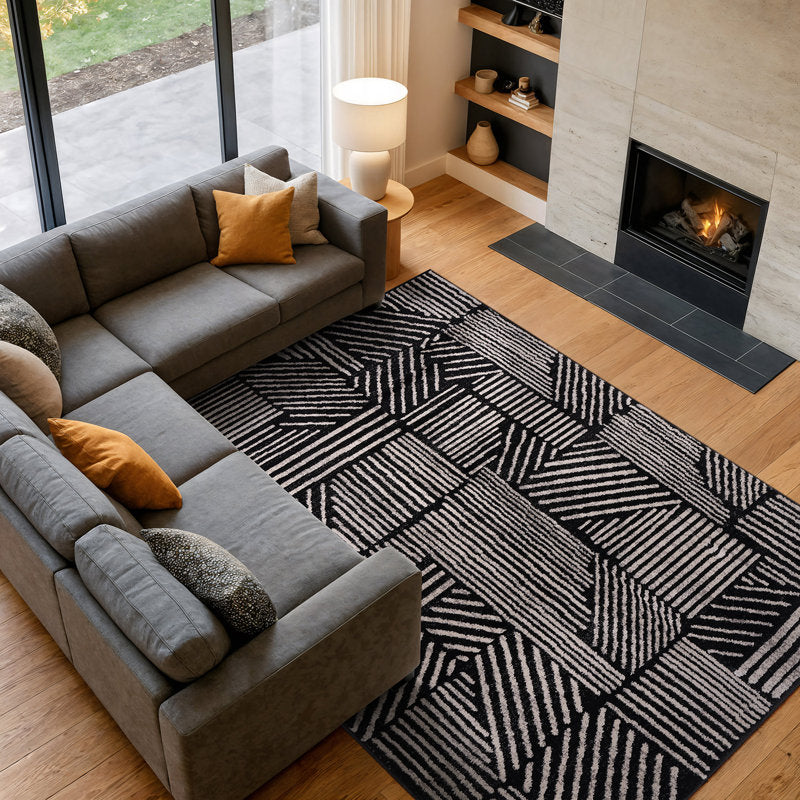 Rambo - Geometric Black & Ivory Polypropylene Indoor Area Rug