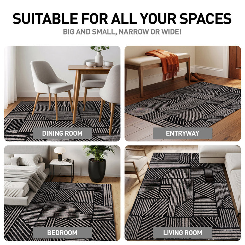 Rambo - Geometric Black & Ivory Polypropylene Indoor Area Rug