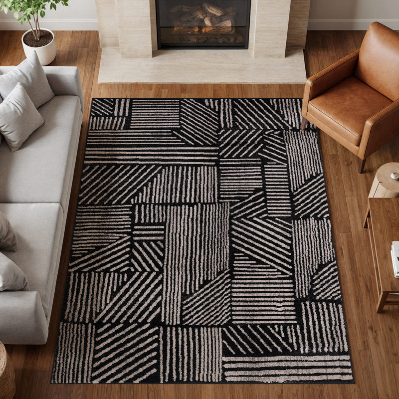Rambo - Geometric Black & Ivory Polypropylene Indoor Area Rug