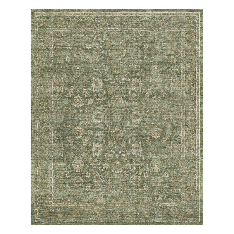 Elara Vintage Floral Area Rug - Washable Sage Green Non-Slip Rug