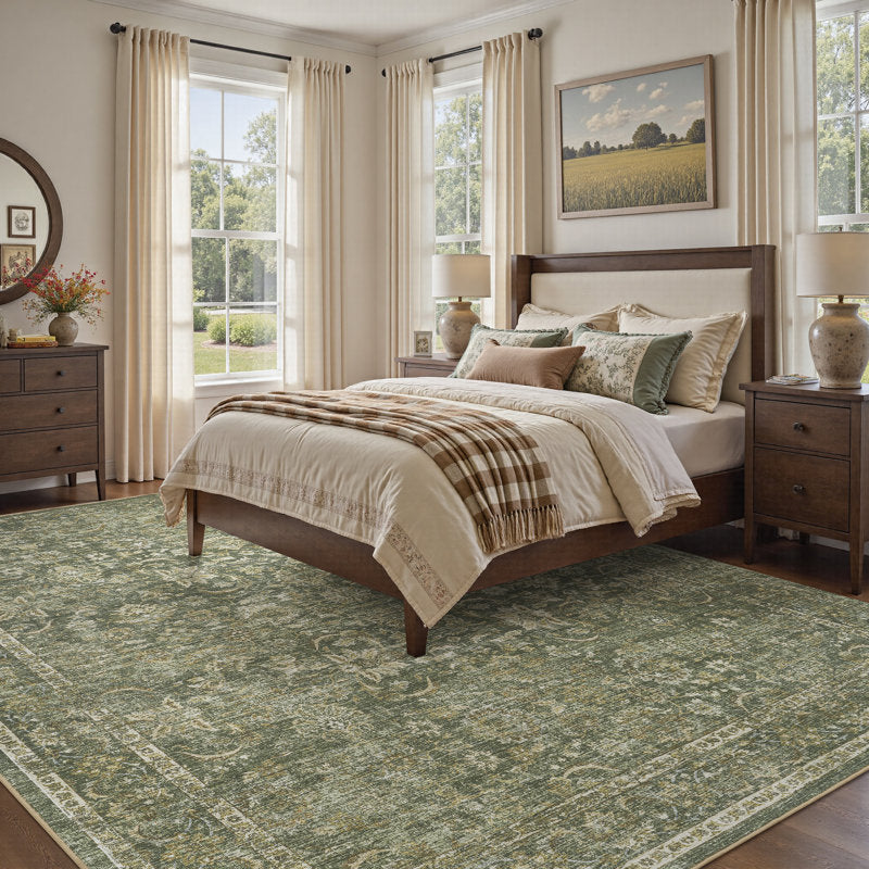 Elara Vintage Floral Area Rug - Washable Sage Green Non-Slip Rug