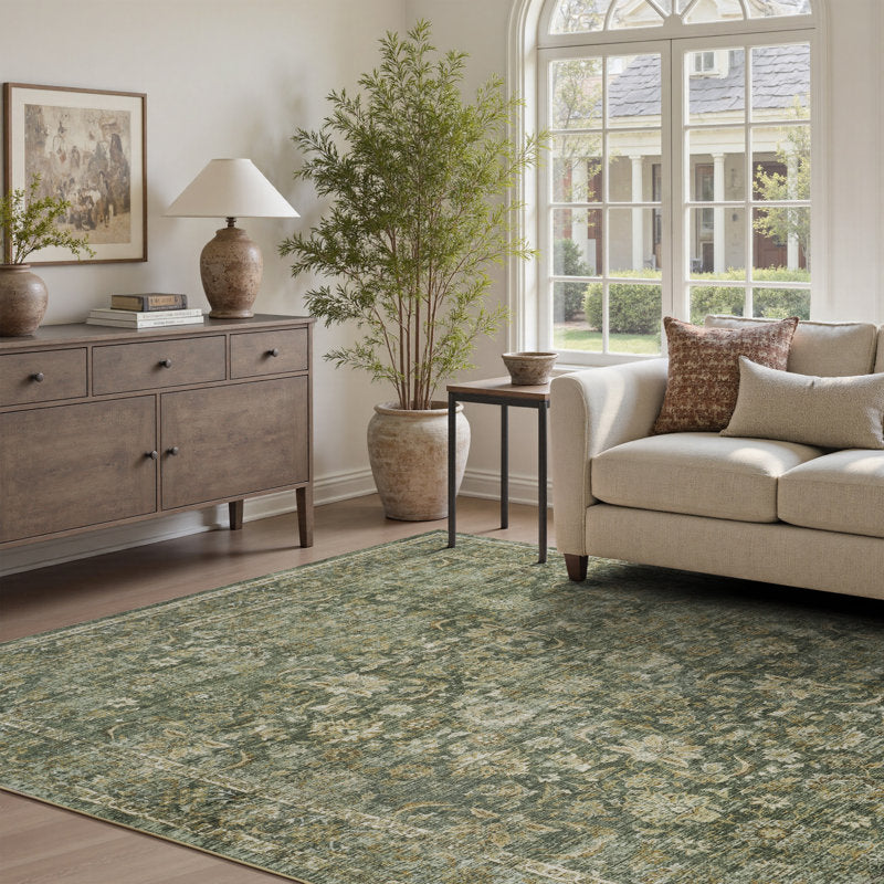 Elara Vintage Floral Area Rug - Washable Sage Green Non-Slip Rug