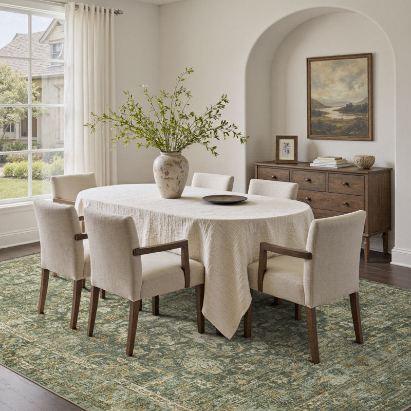 Elara Vintage Floral Area Rug - Washable Sage Green Non-Slip Rug