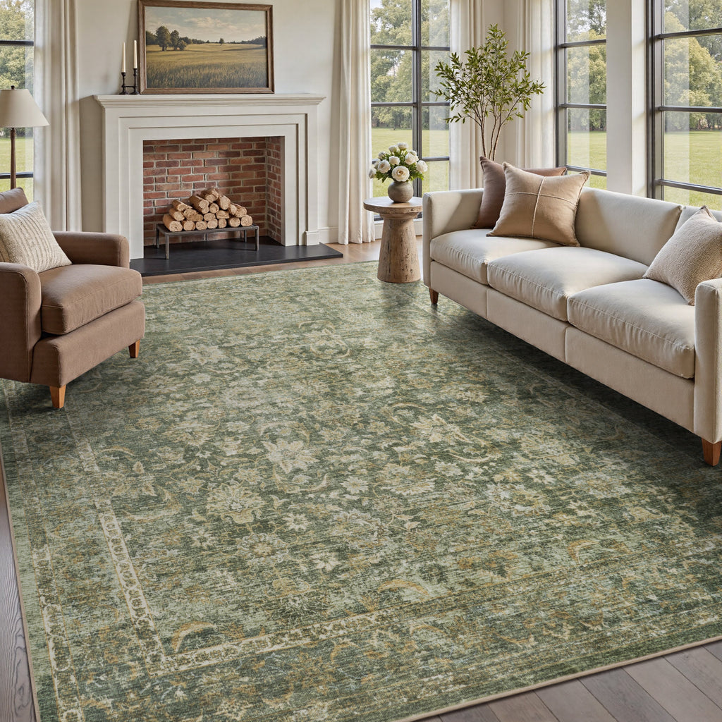Elara Vintage Floral Area Rug - Washable Sage Green Non-Slip Rug