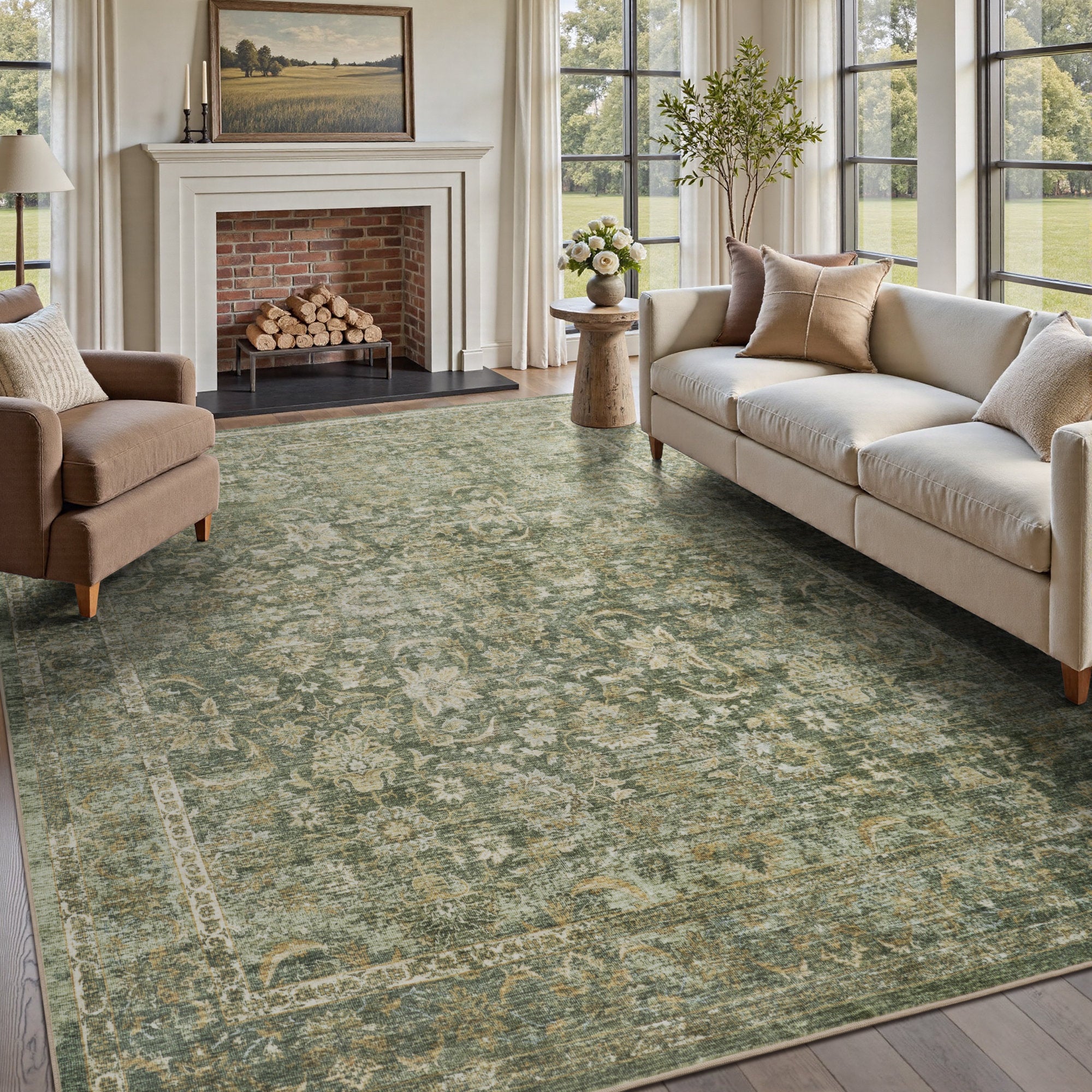 Elara Vintage Floral Area Rug - Washable Sage Green Non-Slip Rug