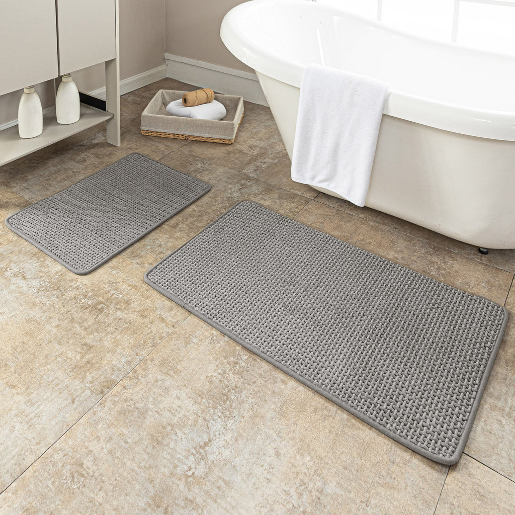 2-Piece Chenille Weave Non-Slip Bathroom Rug Set - Ultra Thin Gray
