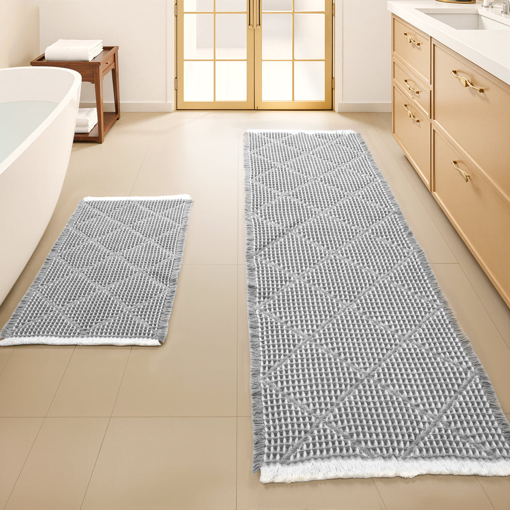 Waffle Bath Mat Set - Non-Slip Ultra Absorbent Boho Bathroom Rugs