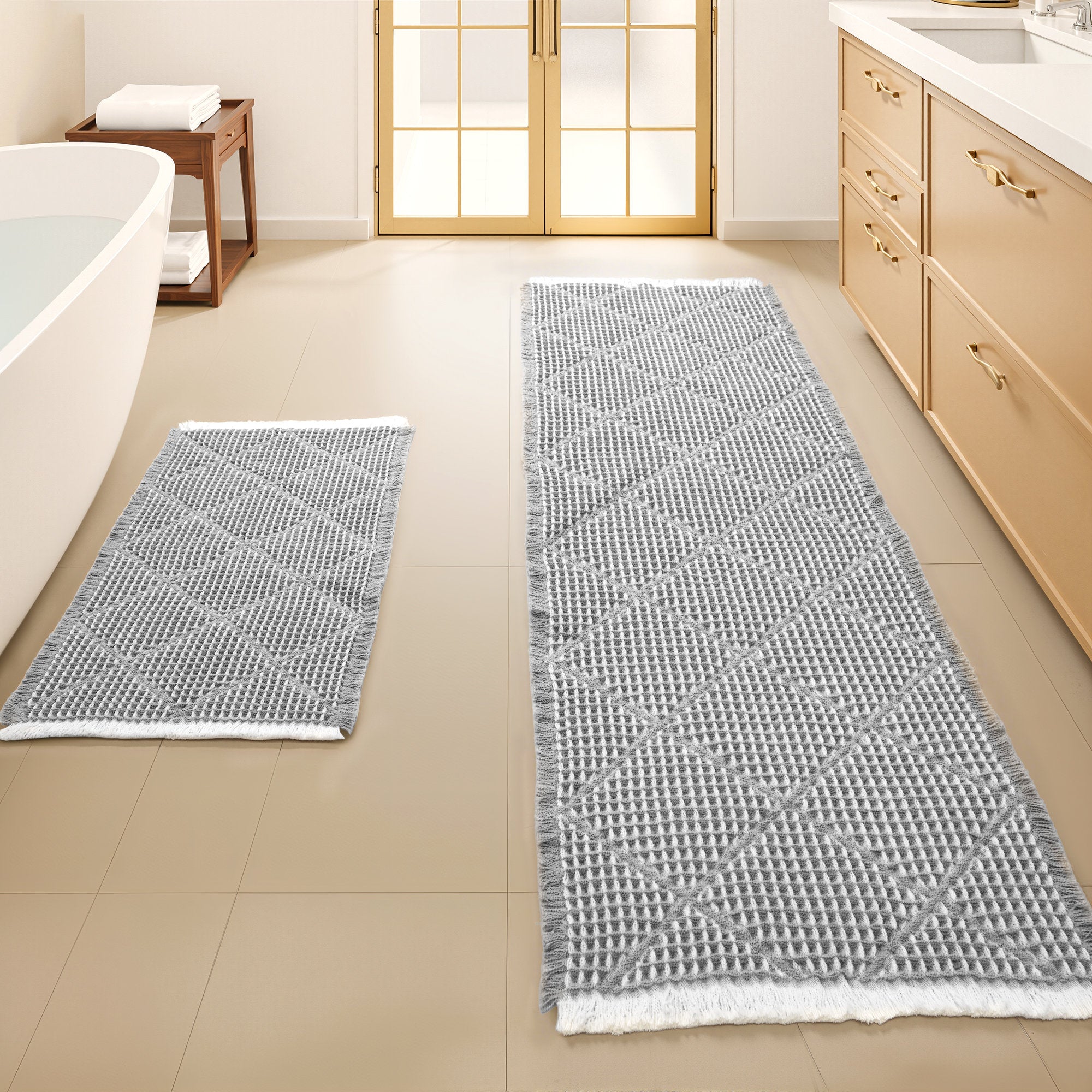 Waffle Bath Mat Set - Non-Slip Ultra Absorbent Boho Bathroom Rugs