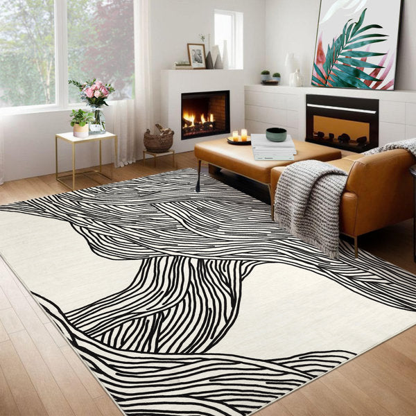 Abstract Noir - Washable Modern Area Rug Low Pile Indoor Carpet