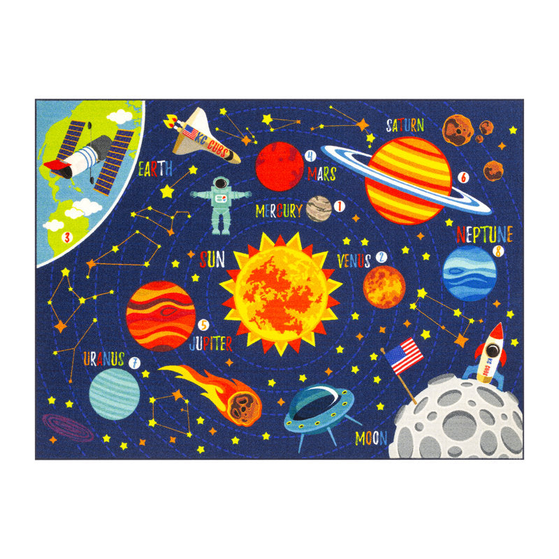 Solar System Educational Kids Rug - Outer Space Playroom Carpet