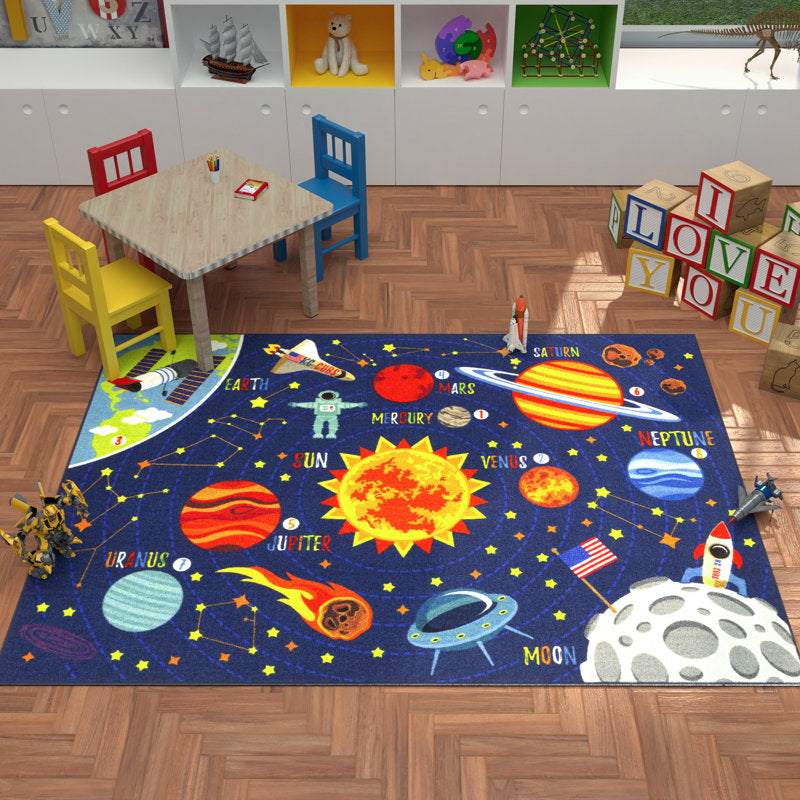 Solar System Educational Kids Rug - Outer Space Playroom Carpet