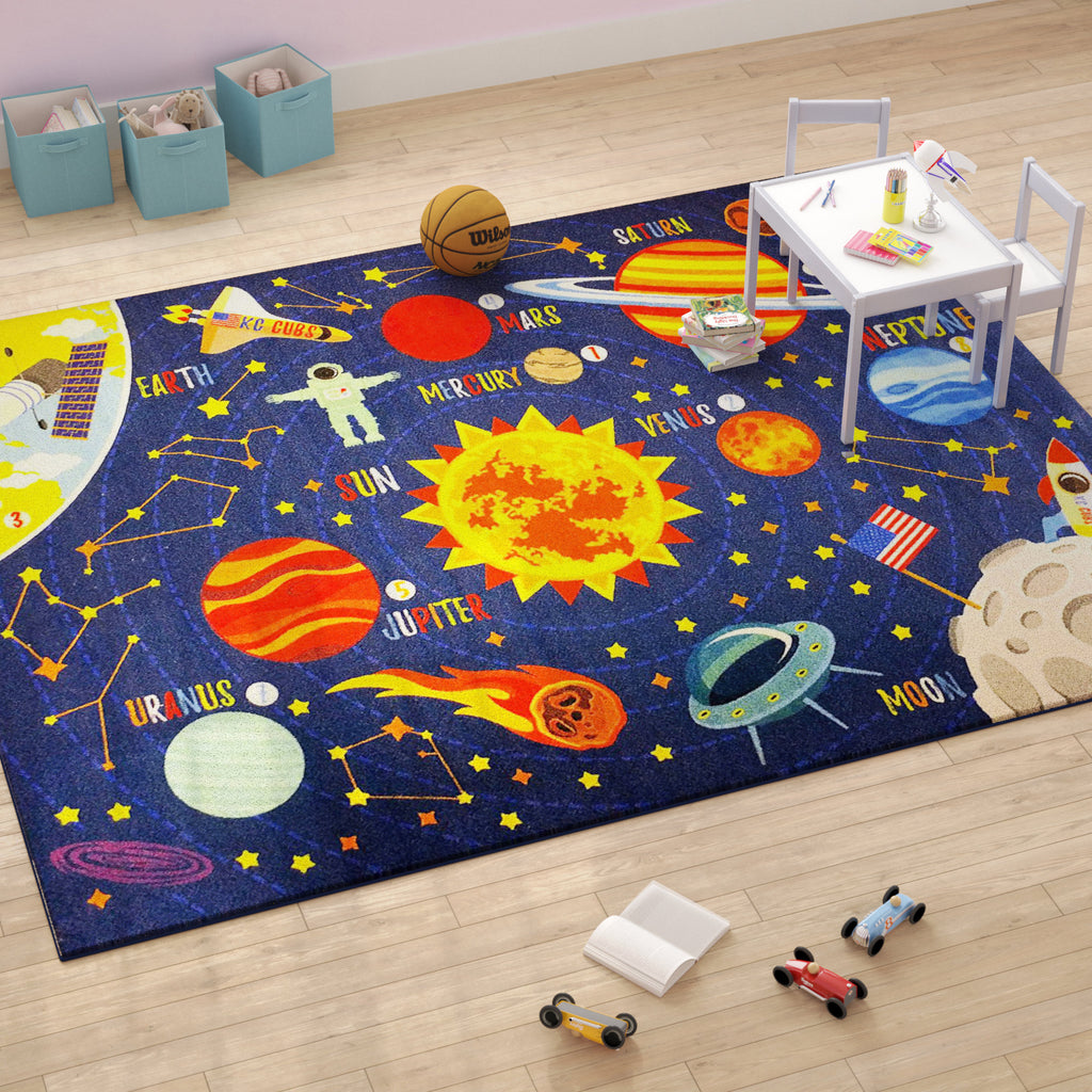 Solar System Educational Kids Rug - Outer Space Playroom Carpet